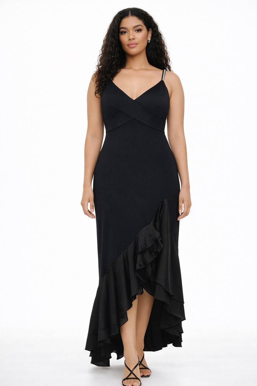 Mon Cheri Evenings V Neck Ruffle Formal Dress Womens Size 14 Black Sleeveless